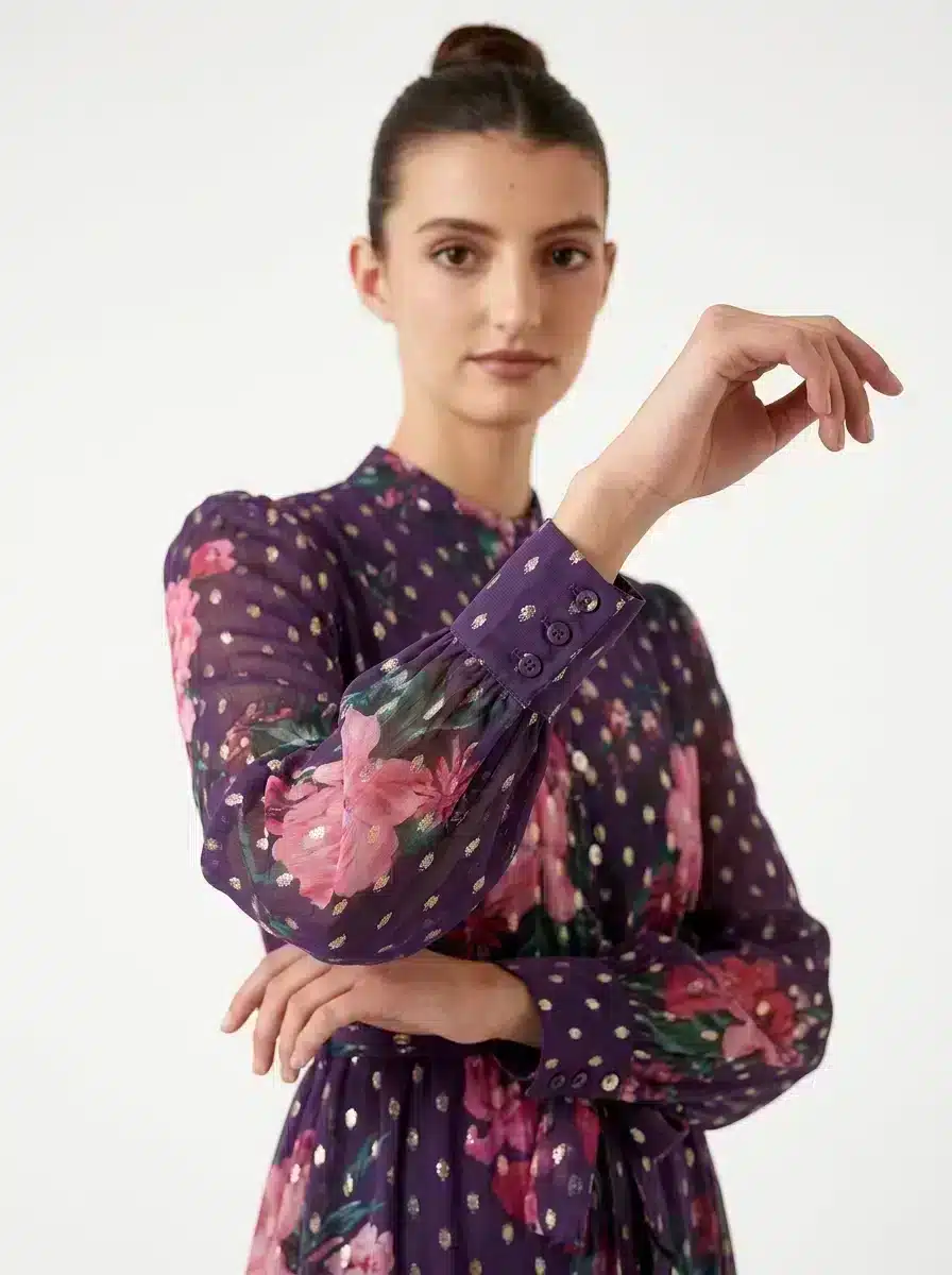 Printed Purple Chiffon Sewn Dress - Spring Collection