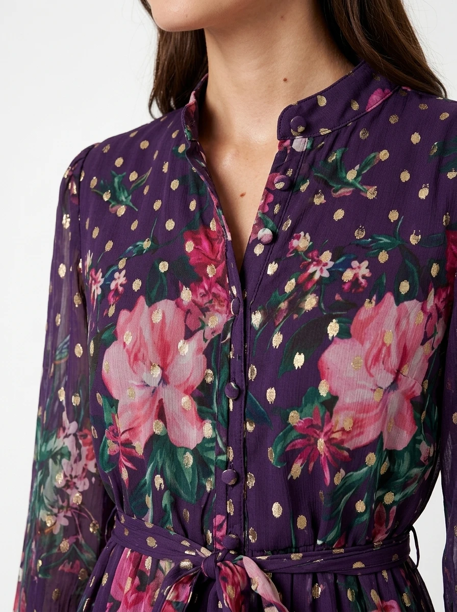Printed Purple Chiffon Sewn Dress - Spring Collection - Image 2
