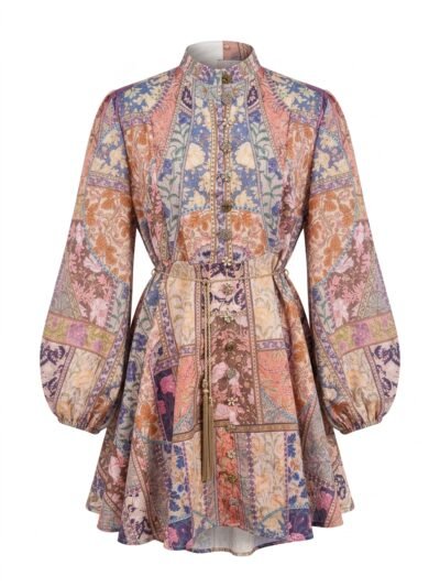 Bohemian Floral Patchwork Short Dress with High Collar & Cord Belt