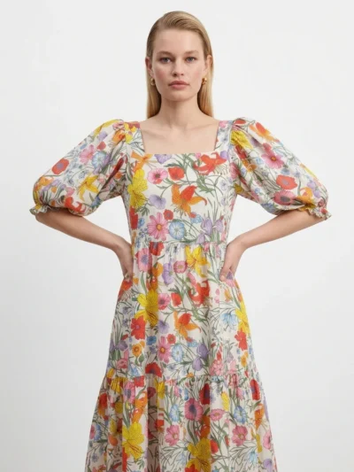Romantic Midi Dress in Off-white Linen