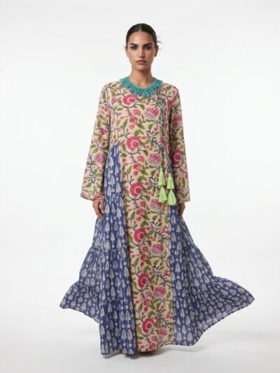 Multi-Colored Floral Printed Cotton Crochet Dress - Boho Collection