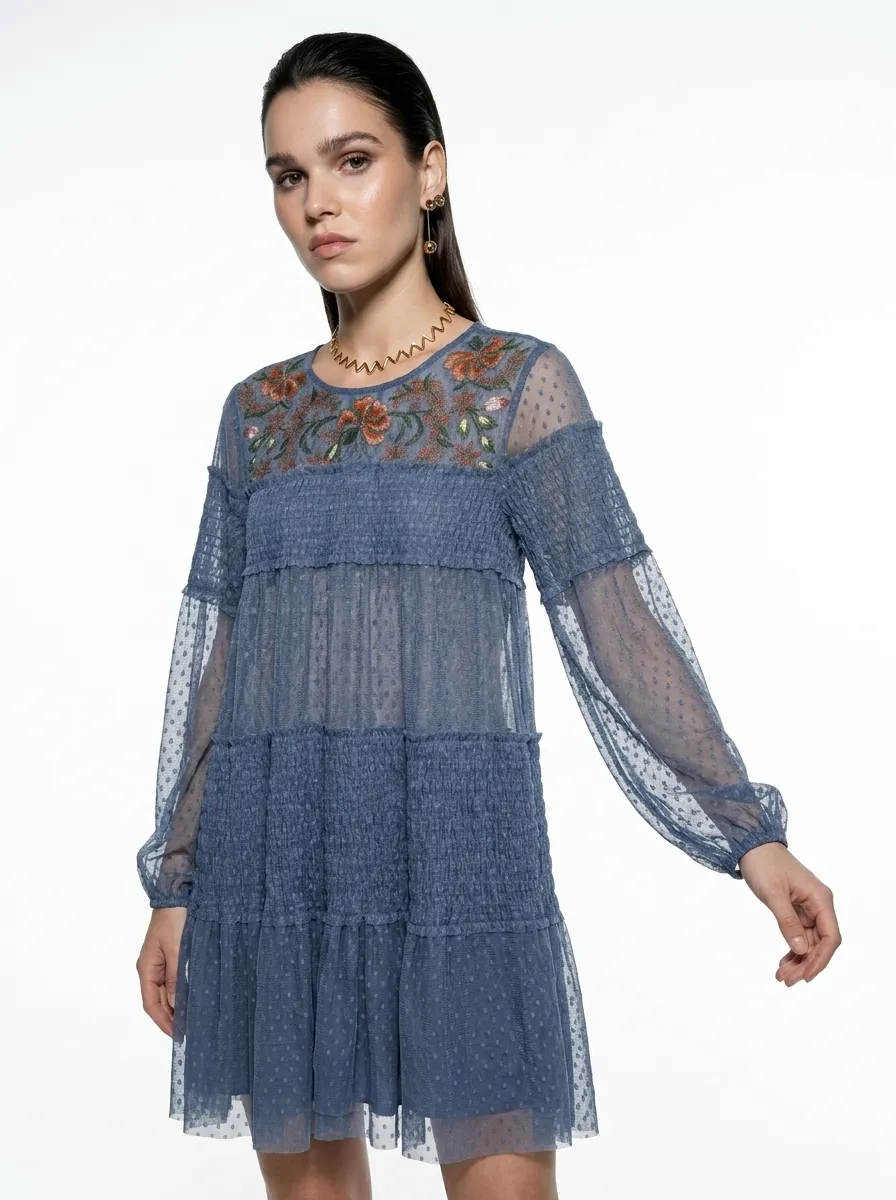Blue Dotted Mesh Embroidered Dress - Summer Vibes