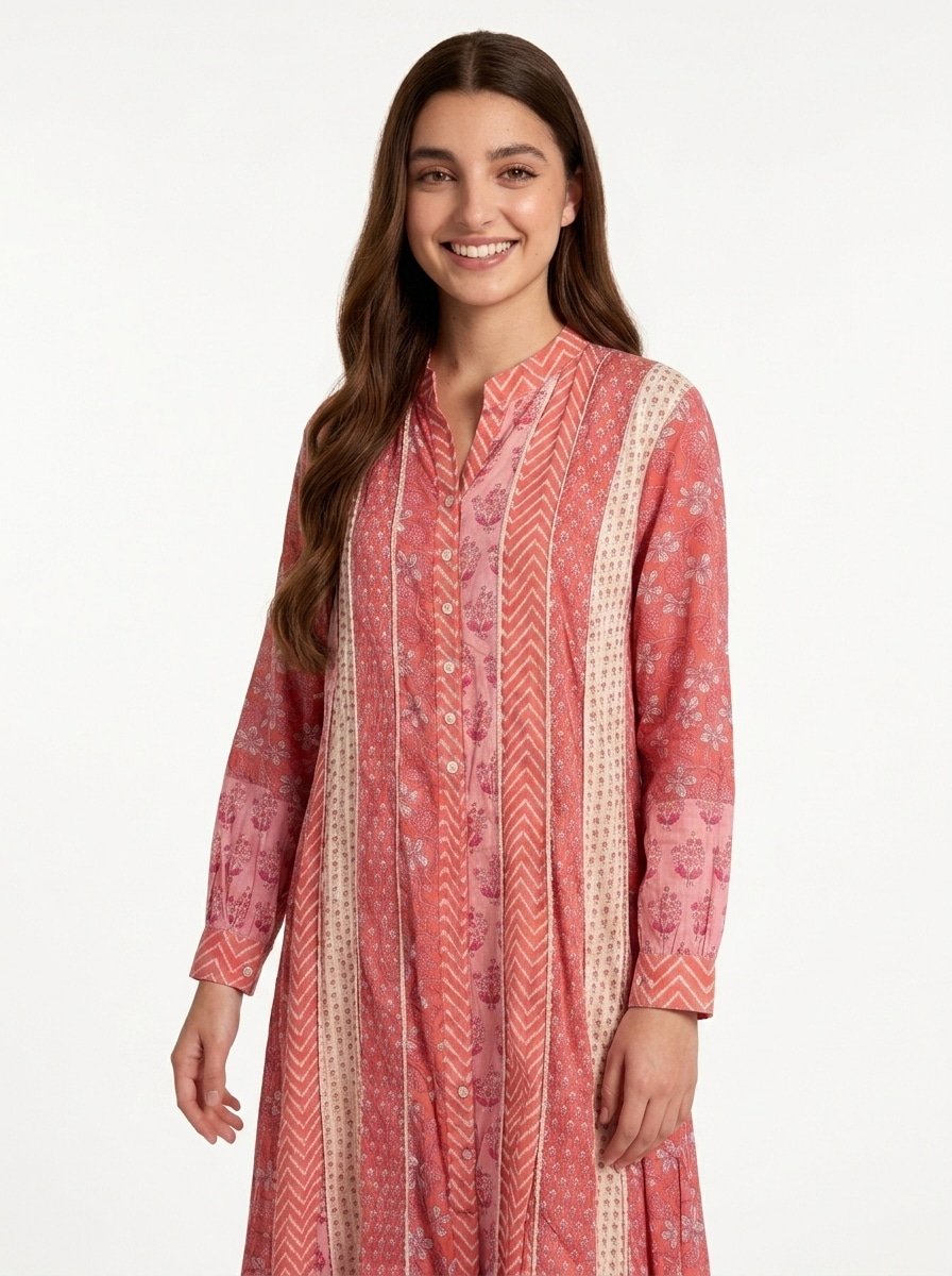 Coral and Beige Cotton Hand-Printed Dress - Summer Vibes