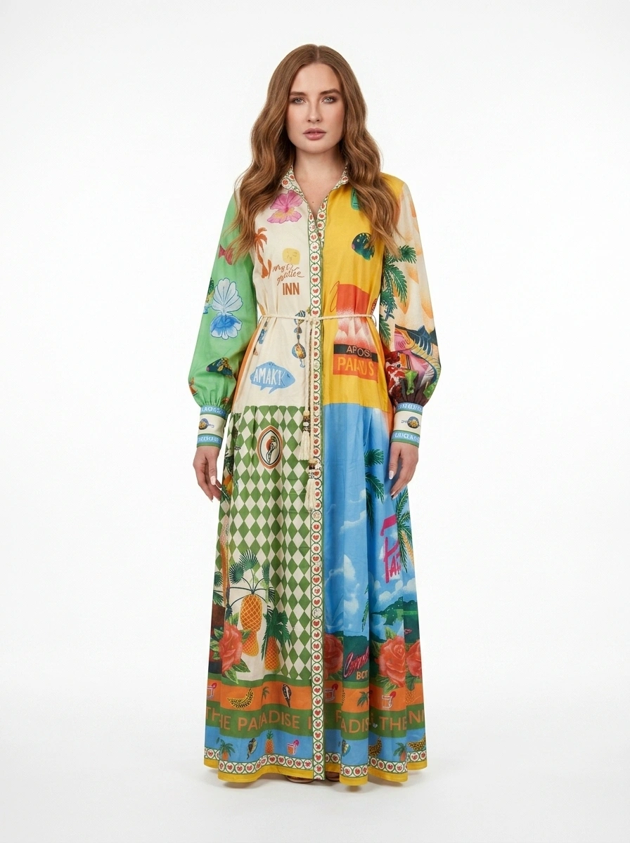 Tropical Print Cotton Maxi Dress - Horizon - Image 5