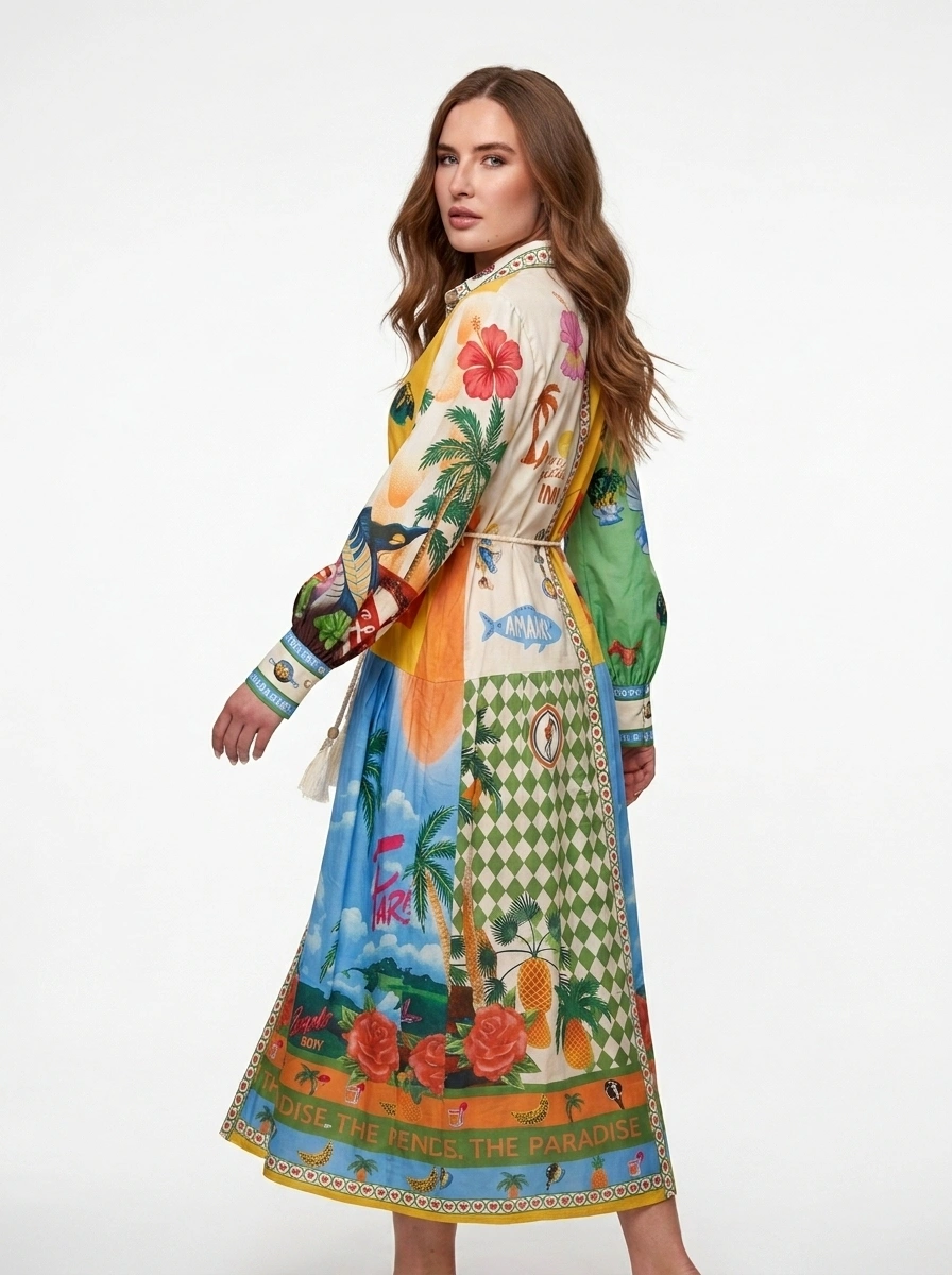 Tropical Print Cotton Maxi Dress - Horizon - Image 2