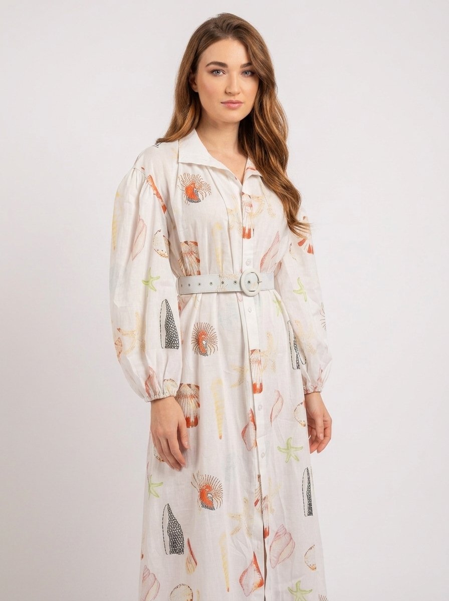 White Cotton Seashell Print Dress - Sunlace - Image 4