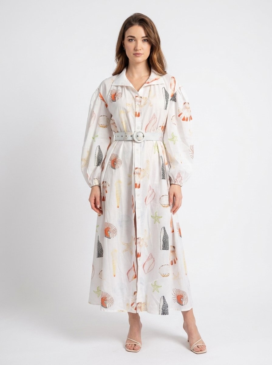 White Cotton Seashell Print Dress - Sunlace - Image 3