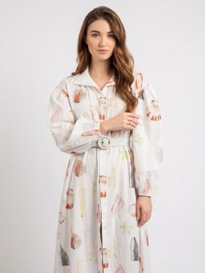 White Cotton Seashell Print Dress - Sunlace