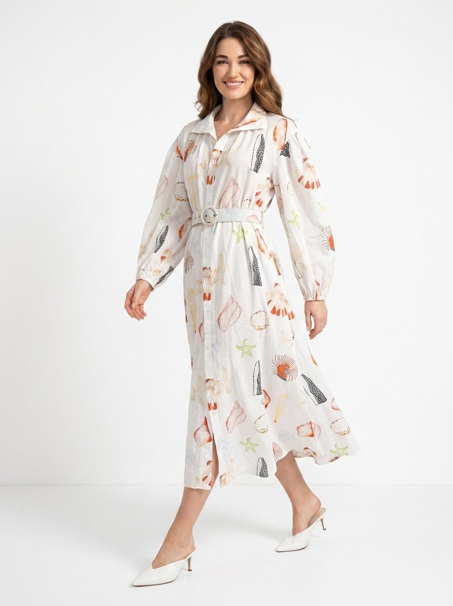 White Cotton Seashell Print Dress - Sunlace - Image 6