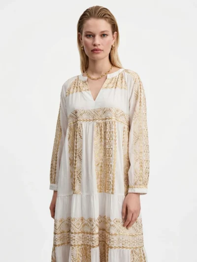 White Gold Cotton Embroidered Dress - Elegant Collection