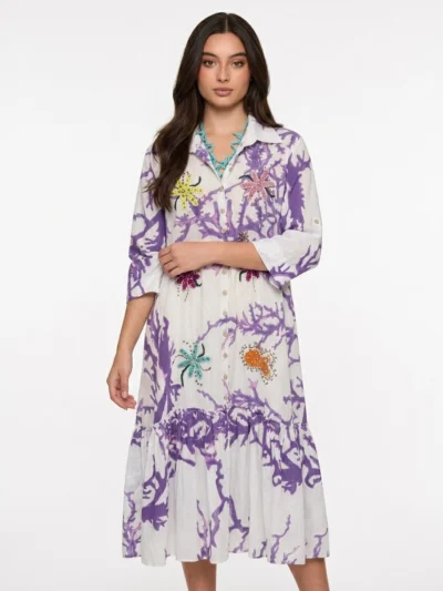White Purple Linen Embroidered Dress - Summer Vibes