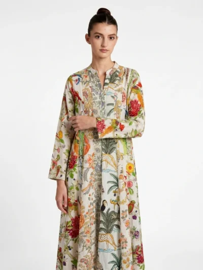 White Tropical Print Cotton Hand-Printed Dress - Summer Collection