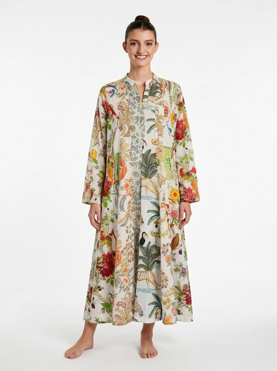 White Tropical Print Cotton Hand-Printed Dress - Summer Collection - Image 5