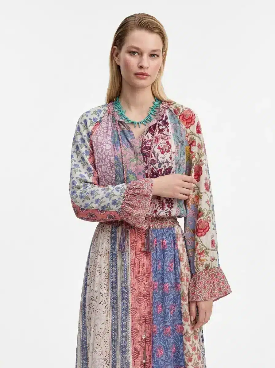 rosabelle Relaxed Fit Bohemian Maxi Dress in Multi-colored Cotton
