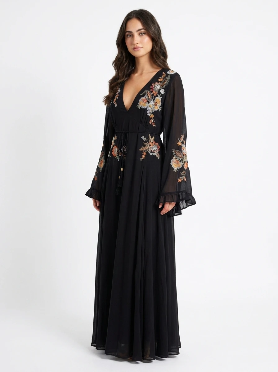 Black Embroidered Maxi Dress - Oasis Bloom - Image 2