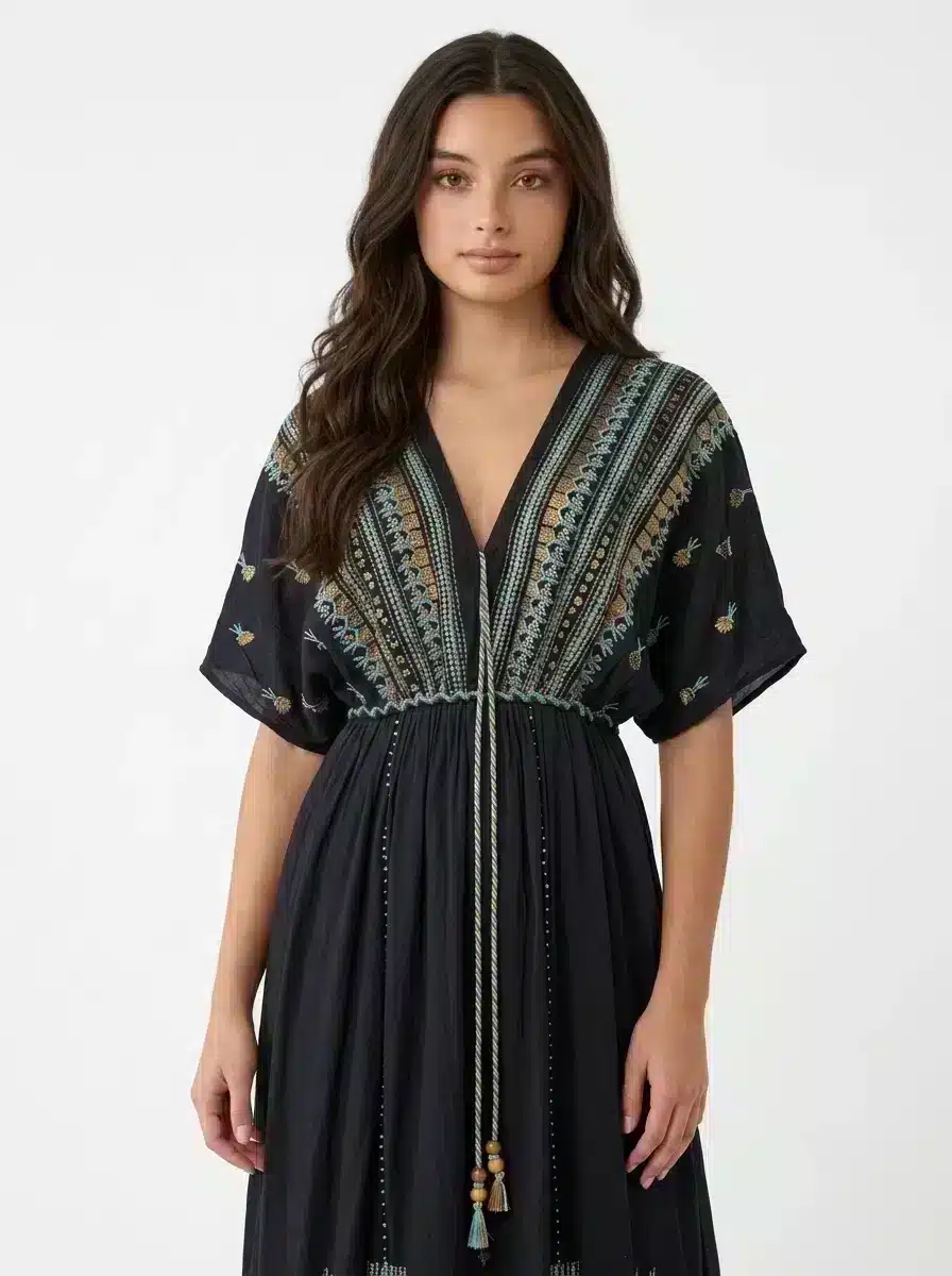 Black Embroidered Maxi Dress - Summer Bloom