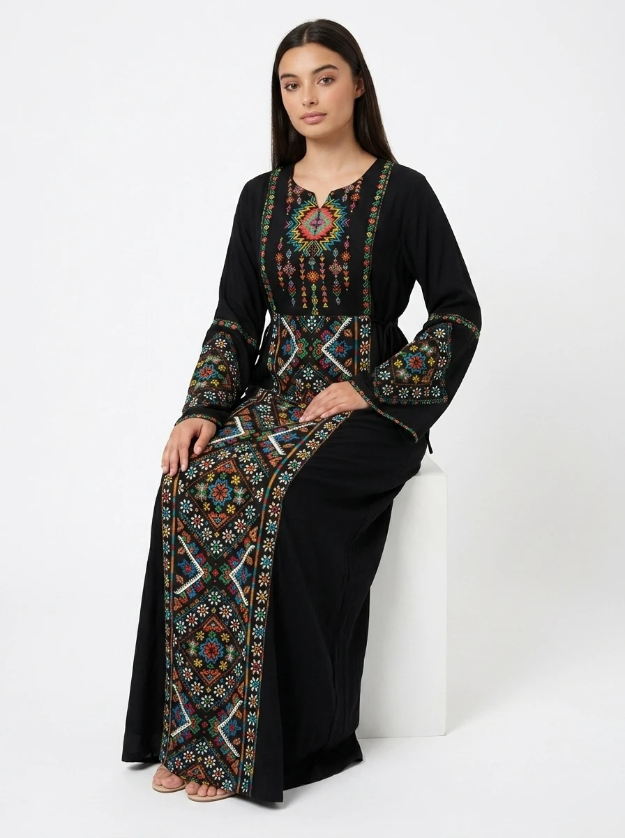 Embroidered Black Cotton Maxi Dress - Nomadé - Image 2
