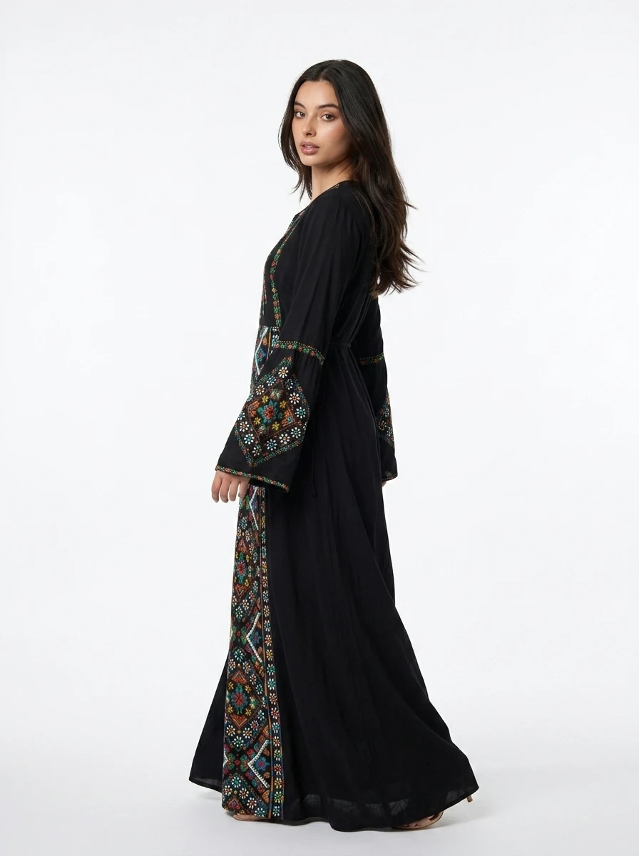 Embroidered Black Cotton Maxi Dress - Nomadé - Image 6