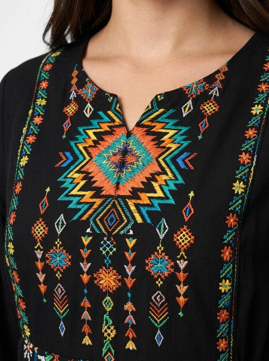 Embroidered Black Cotton Maxi Dress - Nomadé - Image 3