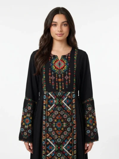 Embroidered Black Cotton Maxi Dress - Nomadé