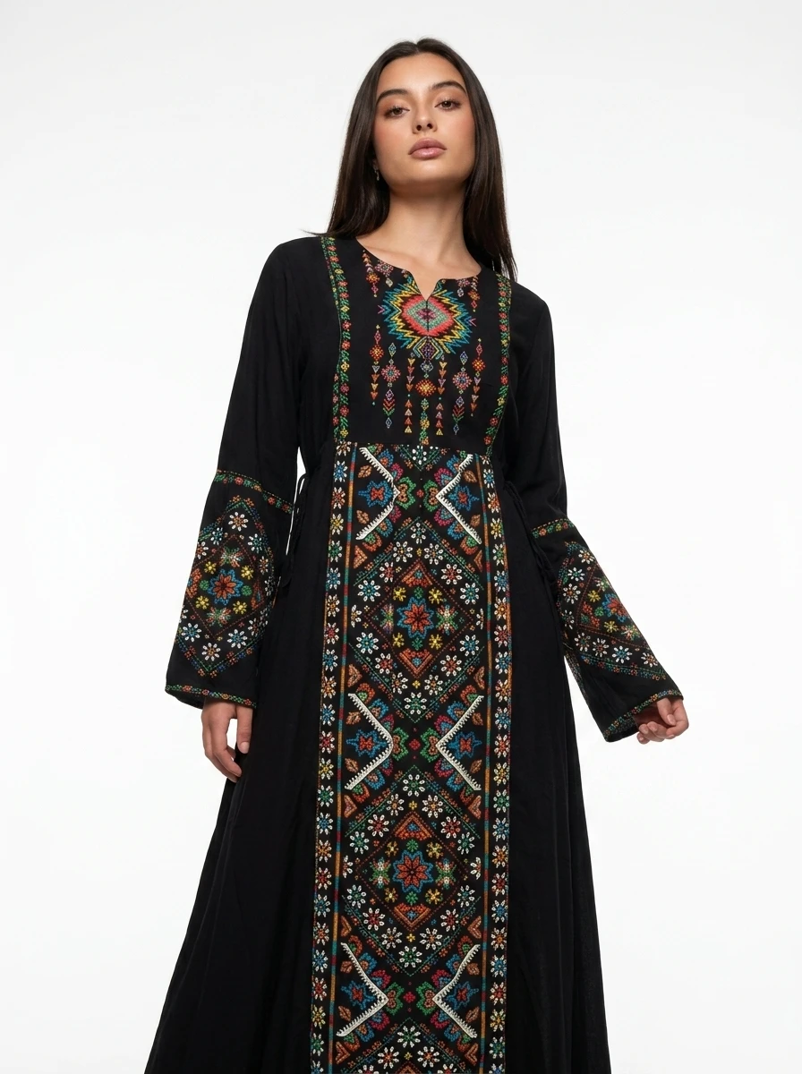 Embroidered Black Cotton Maxi Dress - Nomadé - Image 4