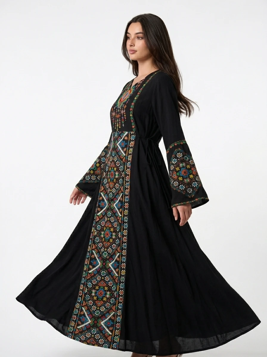 Embroidered Black Cotton Maxi Dress - Nomadé - Image 5